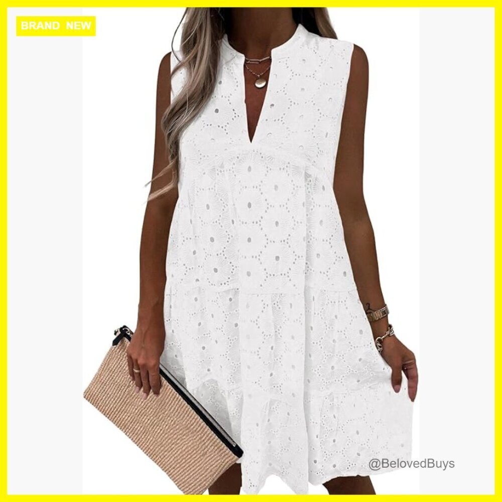 White Eyelet Lace Sleeveless V-Neck Mini Sundress Loose Fit Babydoll